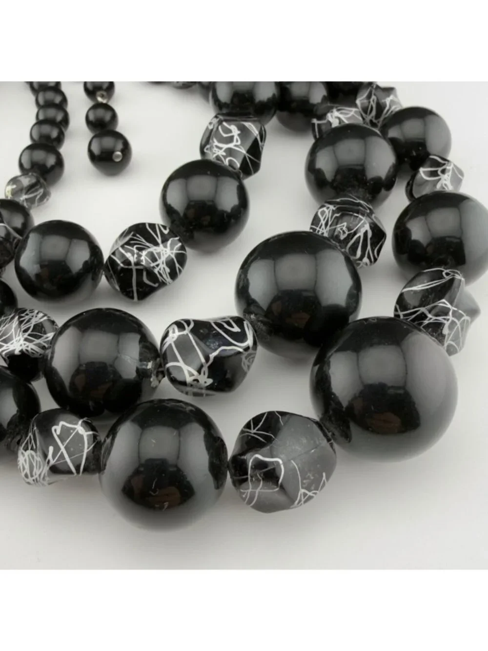 Vintage Beaded Statement Necklace Black Silver Acrylic Multi Strand